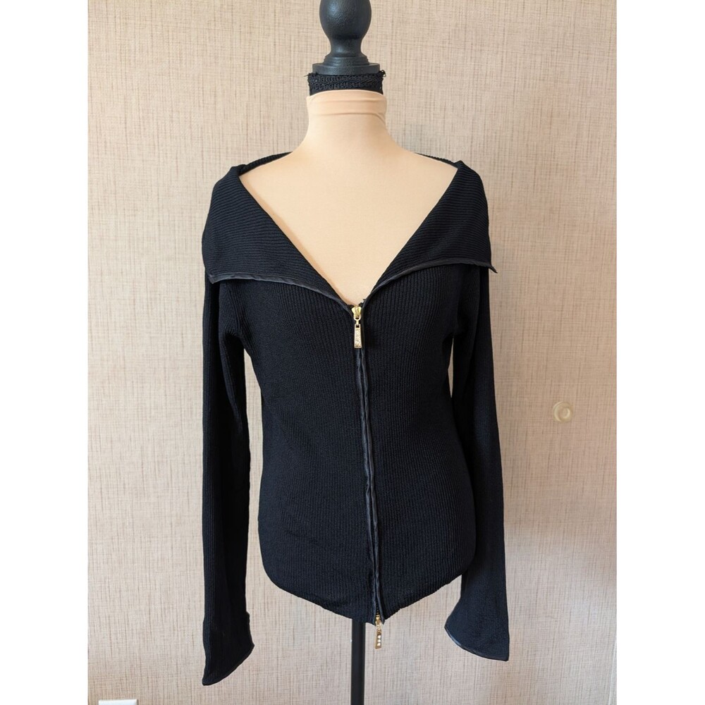 Women’s Black Off-Shoulder Zip-Front Cardigan Sweater
